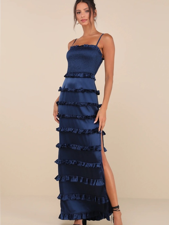 Lulus Dresses & Skirts - New Lulus Sincerely Fabulous Navy Ruffle-Tier Satin Maxi Dress - Women's Sz XL